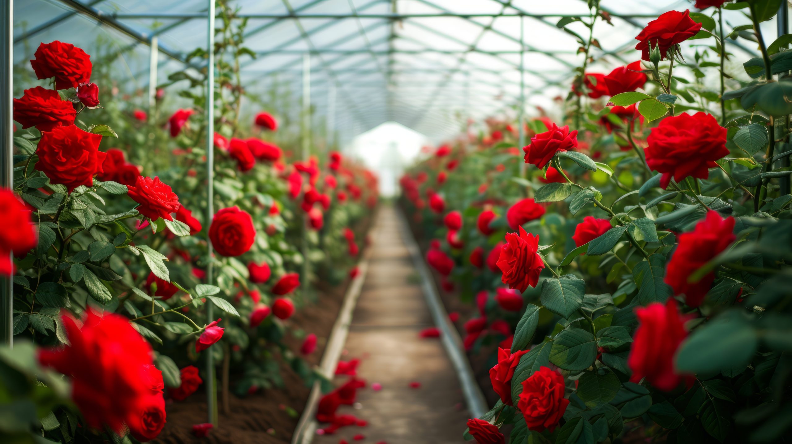 Red rose bushes in a greenhouse. Business concept for growing and selling flowers wholesale.